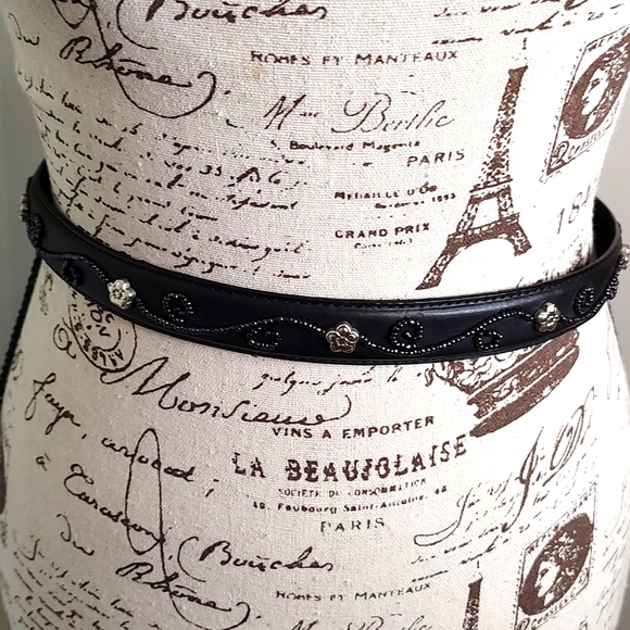 Brighton Leather Silver-tone Beaded Black Floral Belt SZ: 6/8 main image 6